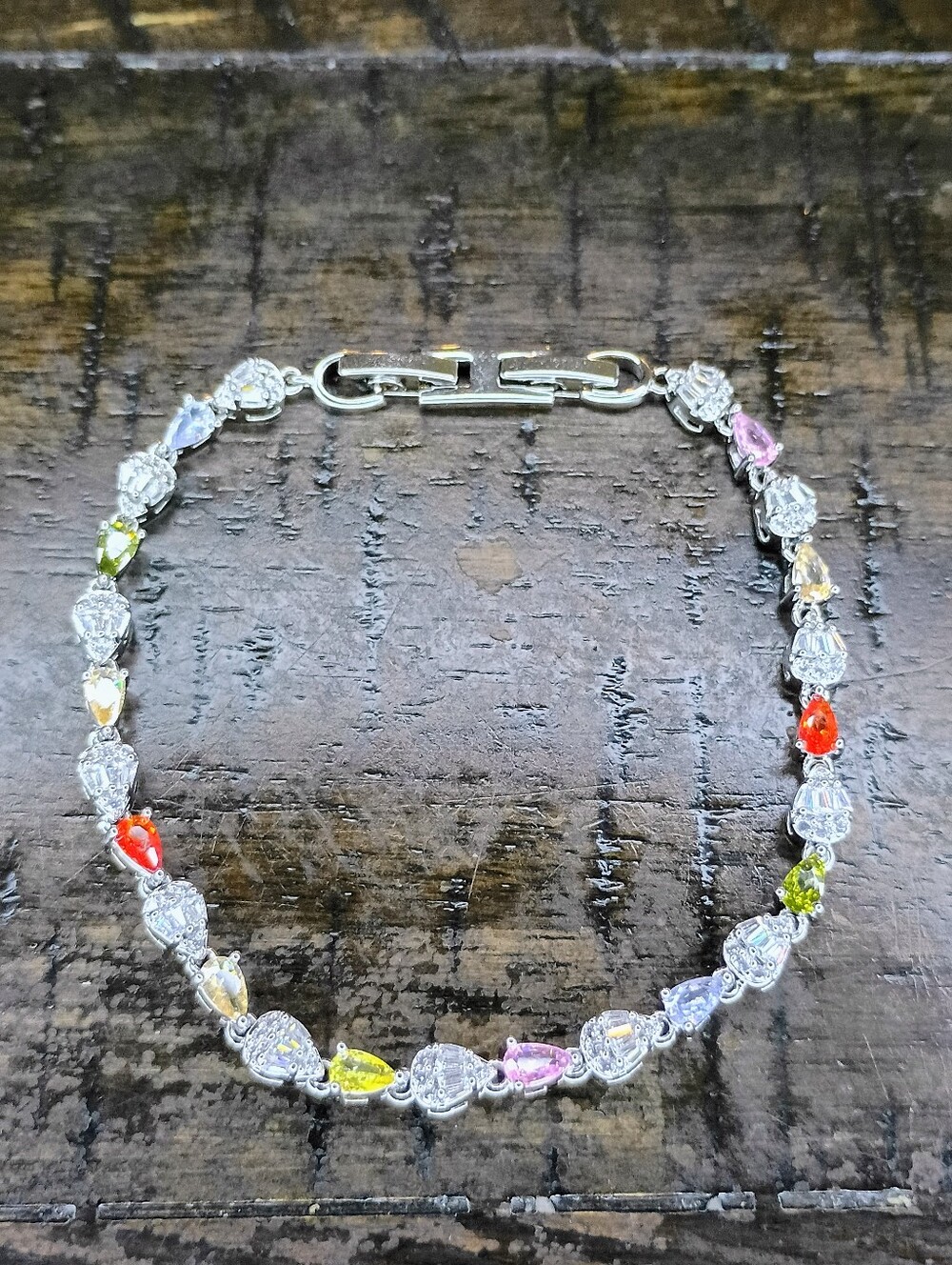 New White Gold Plated Multi-Color Teardrop Tennis Bracelet